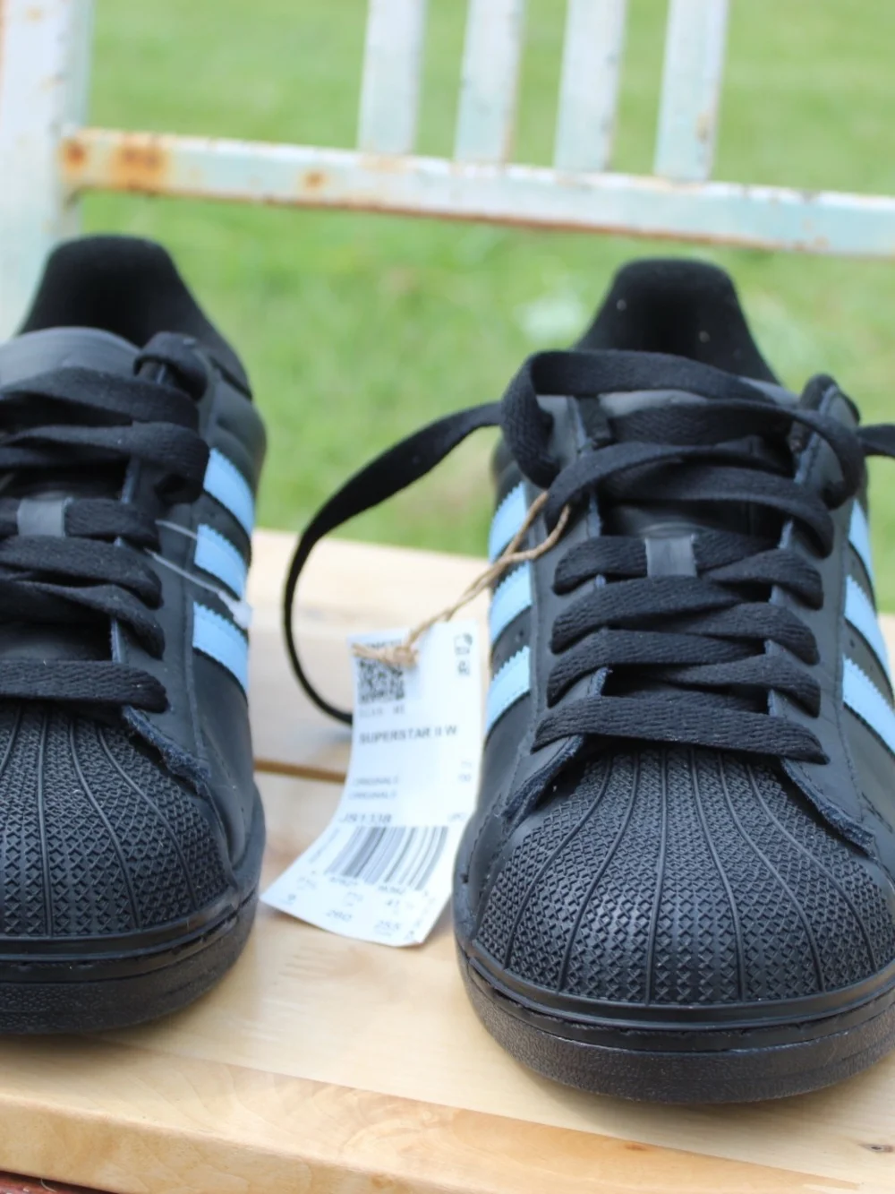 Adidas Superstar Black with Light Blue Stripes